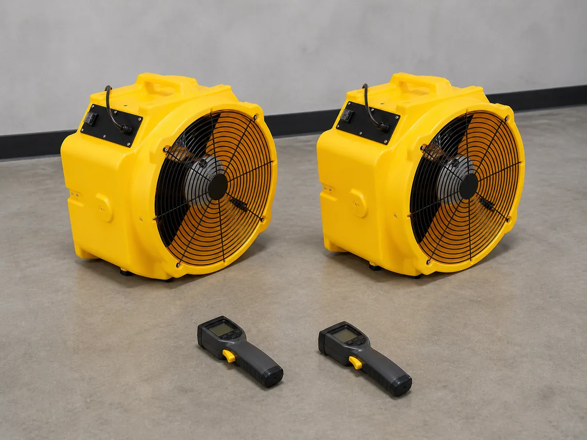 Two yellow Air Mover 4000 fans and two handheld temperature readers, all fully visible
