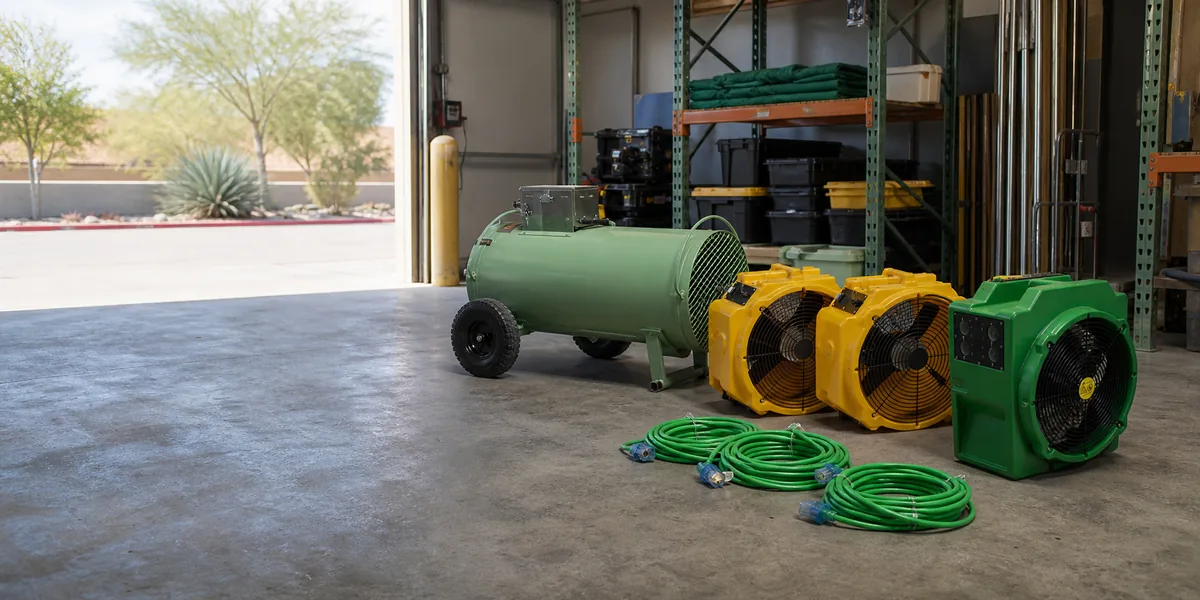 Sage-green industrial heater, green electric heater, yellow air movers, and power cords in an Arizona rental warehouse