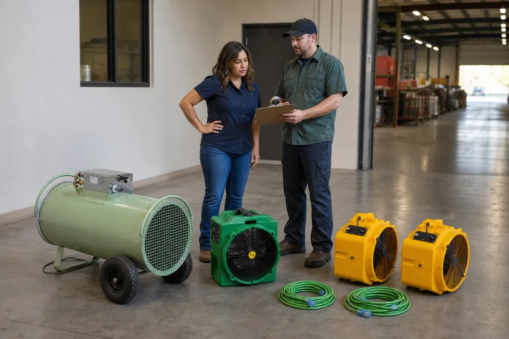 Property manager and rental technician reviewing green and yellow heat equipment in a commercial service corridor
