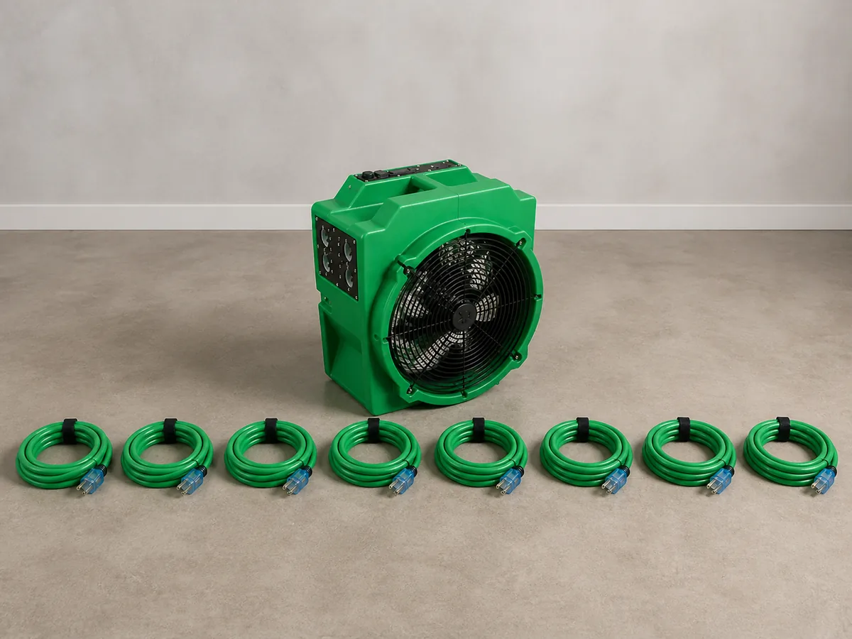 One green ePro 600 electric heater with eight included green power cords, all fully visible