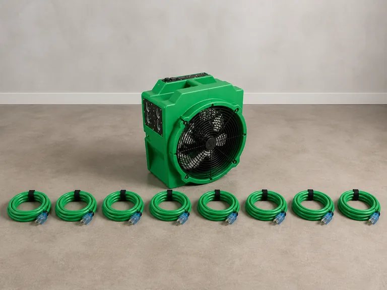 One green ePro 600 electric heater with eight included green power cords, all fully visible