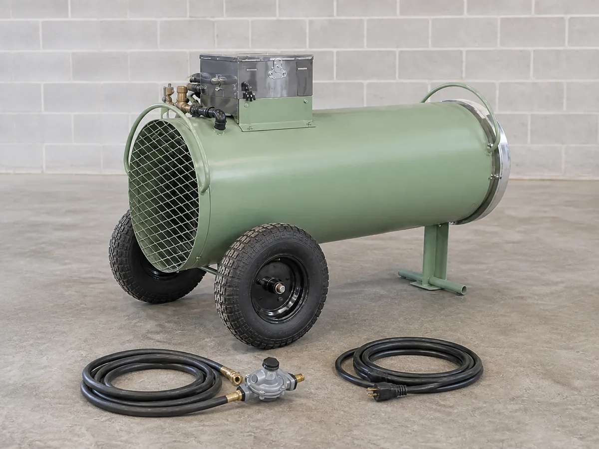 One sage-green Titan 450 propane heater with hookup regulator, hose, and electric cord, all fully visible