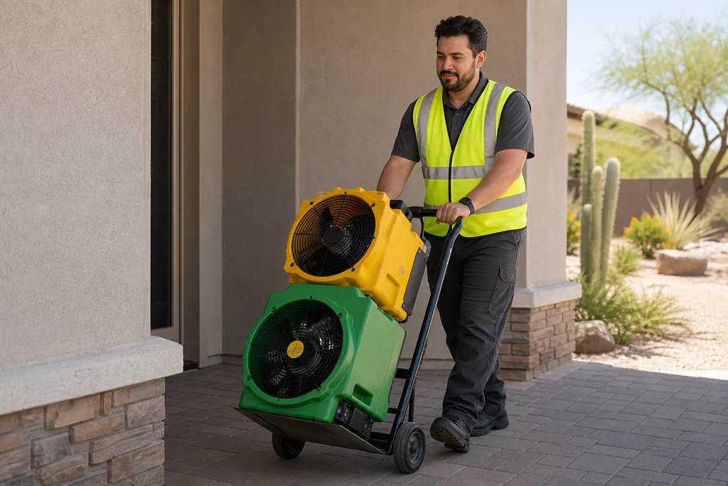 Rental technician delivering a green electric heater and yellow air mover to a Phoenix-area home
